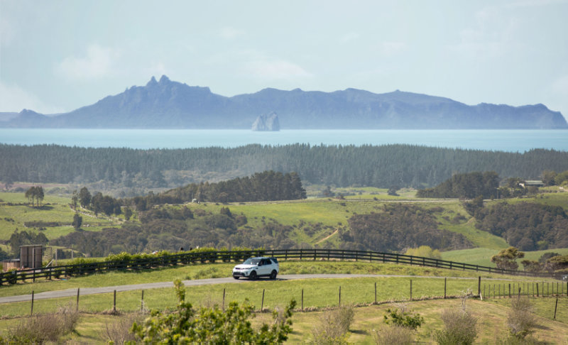 a white car drives through the hills of the estate